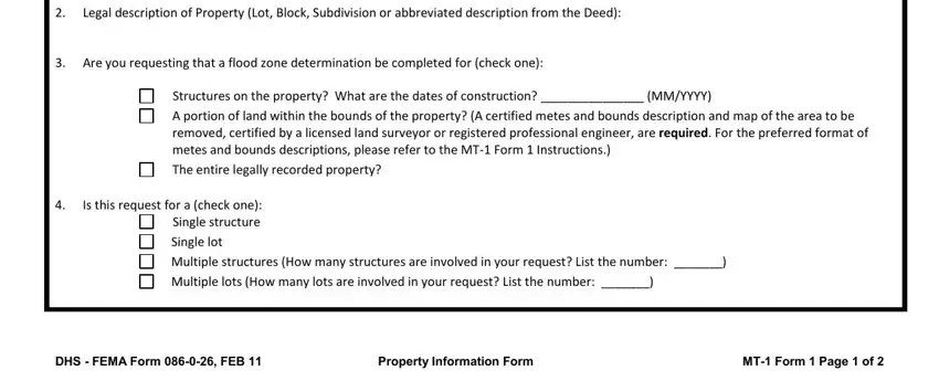 Multiple structures How many, DHS  FEMA Form  FEB, and Are you requesting that a flood of fema mt 1