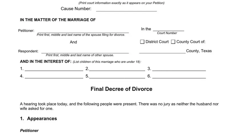 Simple tips to fill out divorce decree pdf no children texas portion 1