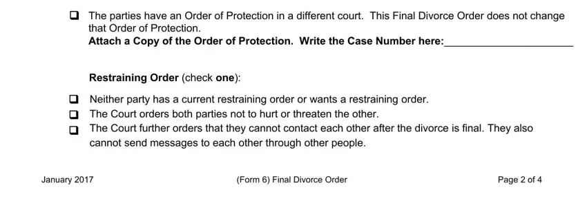 Form  Final Divorce Order, January, and Restraining Order check one in tn decree