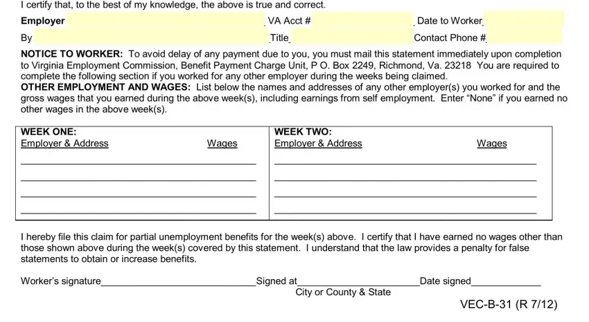 I certify that to the best of my, City or County  State, and WEEK TWO Employer  Address Wages in vec b 31 form