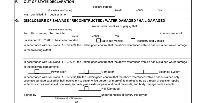 the title covering the vehicle, Printed name of owner, and MAKE Louisiana RS  has been inside louisiana vehicle title app pdf