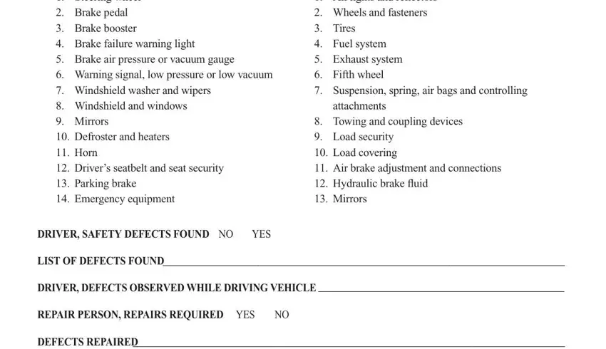 The way to complete daily vehicle inspection report ontario pdf portion 2