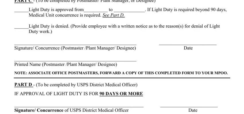 Signature Concurrence Postmaster, Duty work, and PART D  To be completed by USPS inside usps return to work form