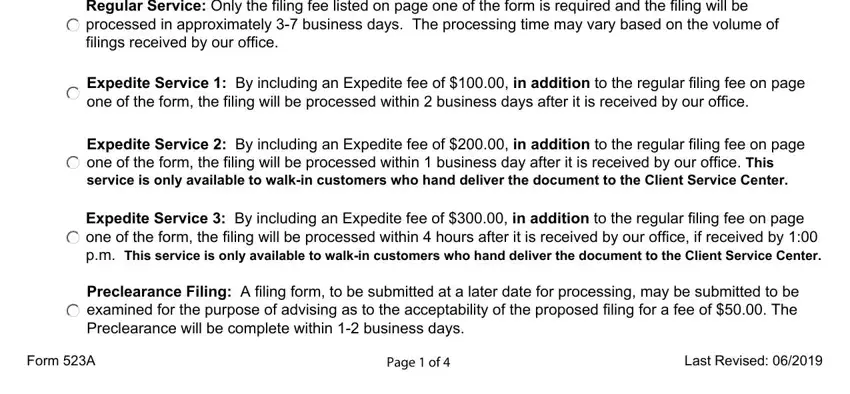 Preclearance Filing A filing form, Page  of, and Expedite Service  By including an inside form registrant renewal