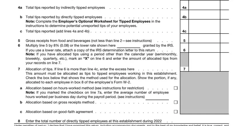 Gross receipts from food and, Allocation of tips If line  is, and Total amount of service charges of inside irs form 8027