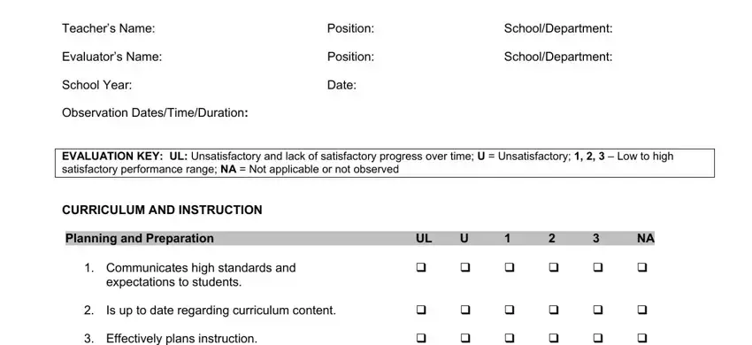 Filling out section 1 in teachers performance report sample