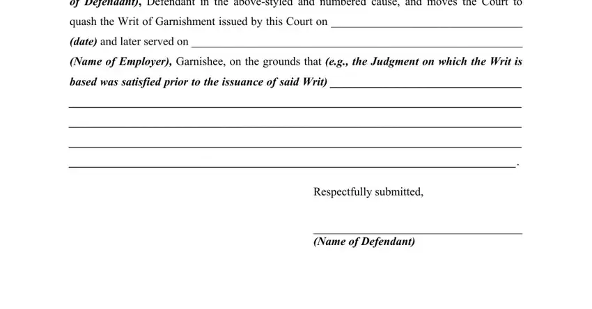 Completing section 2 of writ quash garnishment form