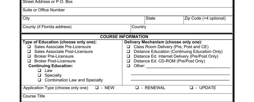 Delivery Mechanism choose only one, State, and COURSE INFORMATION of dbpr form request cource