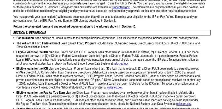 Eligible loans for the Pay As You, Use this form to  request the IBR, and SECTION  DEFINITIONS in ibr pay