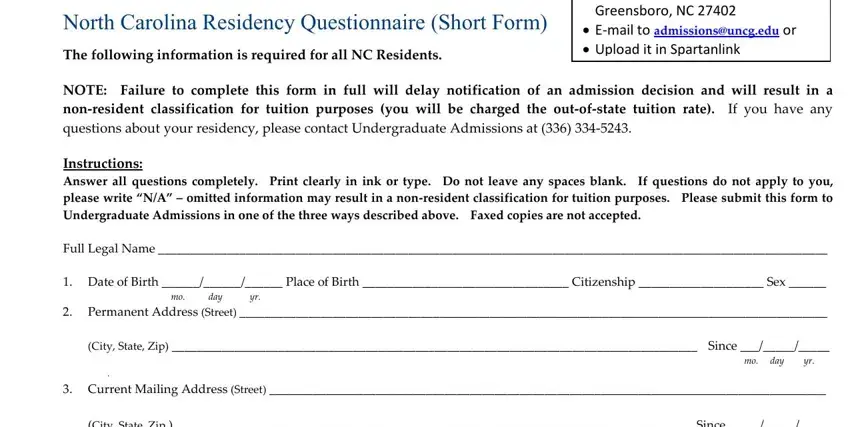 Filling out section 1 of residency short form