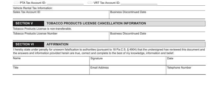 Tobacco Products License is, Vehicle Rental Tax Information, and Business Discontinued Date inside pa form cancellation