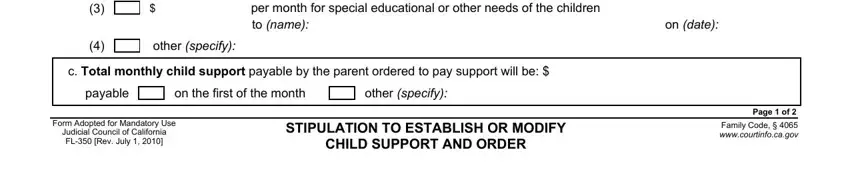 Judicial Council of California FL, STIPULATION TO ESTABLISH OR MODIFY, and Page  of inside child stipulation form