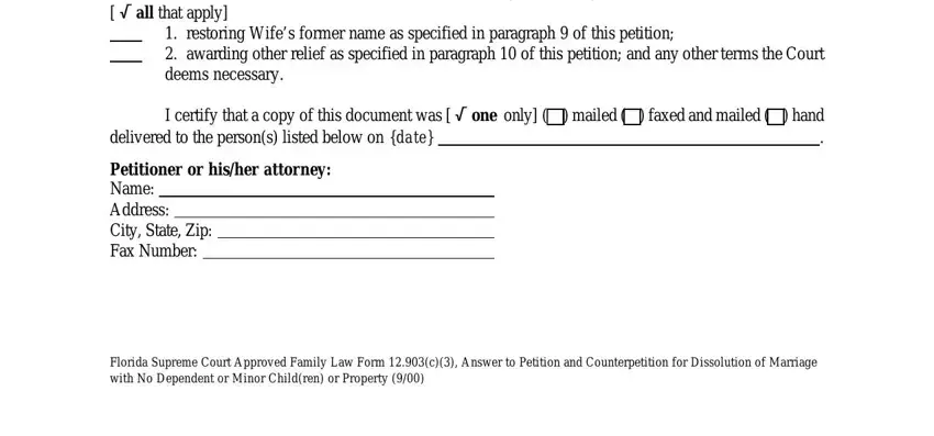 Filling in section 5 of Florida Answer to Petition and Counterpetition for Dissolution of Marriage Form