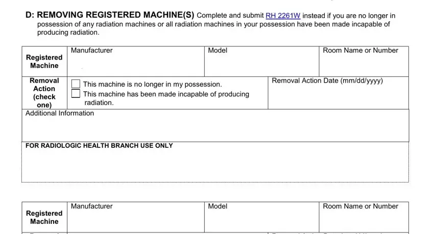 Registered, This machine is no longer in my, and Removal Action check in rh 2261c