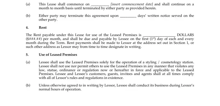 Use of Leased Premises, Lessee shall use the Leased, and The Rent payable under this Lease in salon booth rent agreement form