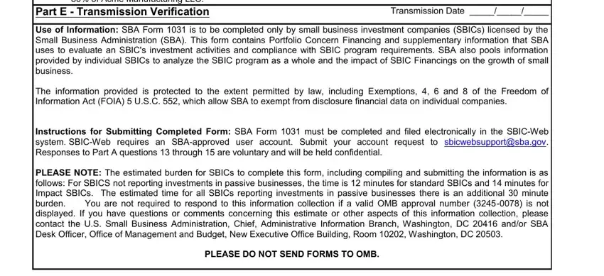 Transmission Date, PLEASE DO NOT SEND FORMS TO OMB, and Financing Structure Description of sba 1031