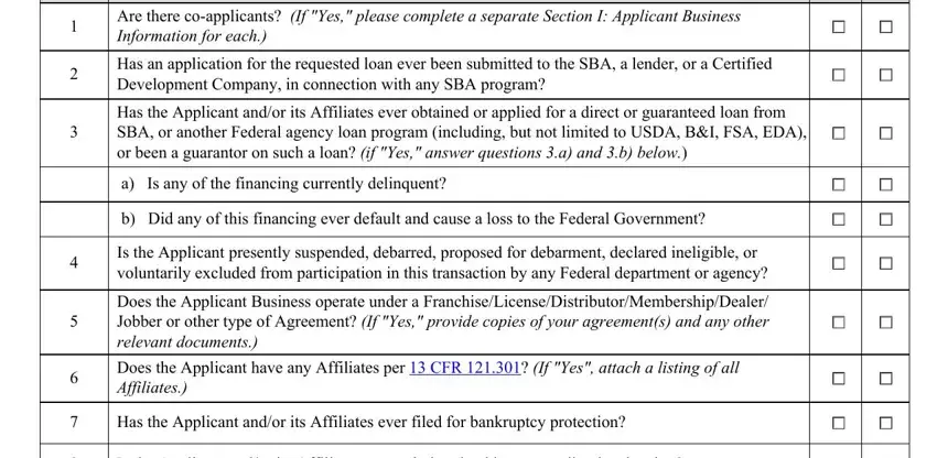 b Did any of this financing ever, Does the Applicant Business, and a Is any of the financing in sba form information pdf