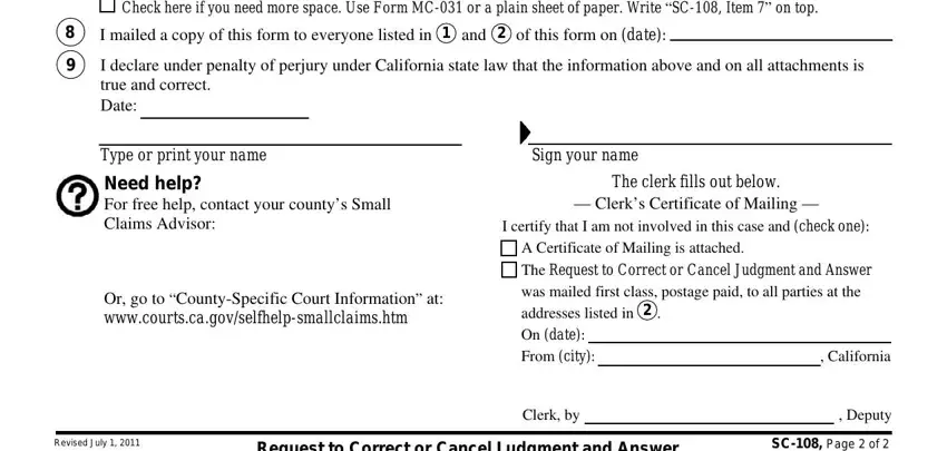 I certify that I am not involved, Check here if you need more space, and The clerk fills out below inside cancel answer