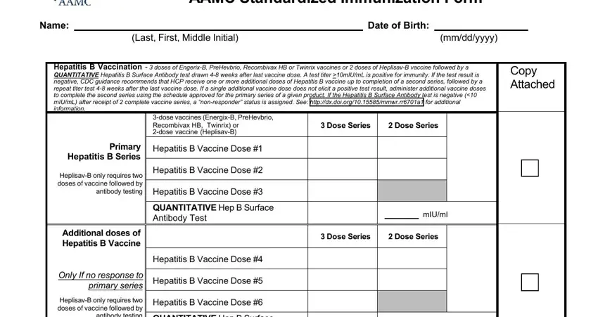 nj imm 8 AAMC Standardized Immunization Form, Name, Last First Middle Initial, Date of Birth, mmddyyyy, Hepatitis B Vaccination   doses of, Copy Attached, Primary Hepatitis B Series, HeplisavB only requires two doses, Additional doses of Hepatitis B, Only If no response to primary, HeplisavB only requires two doses, dose vaccines EnergixB PreHevbrio, Hepatitis B Vaccine Dose, and Hepatitis B Vaccine Dose blanks to fill