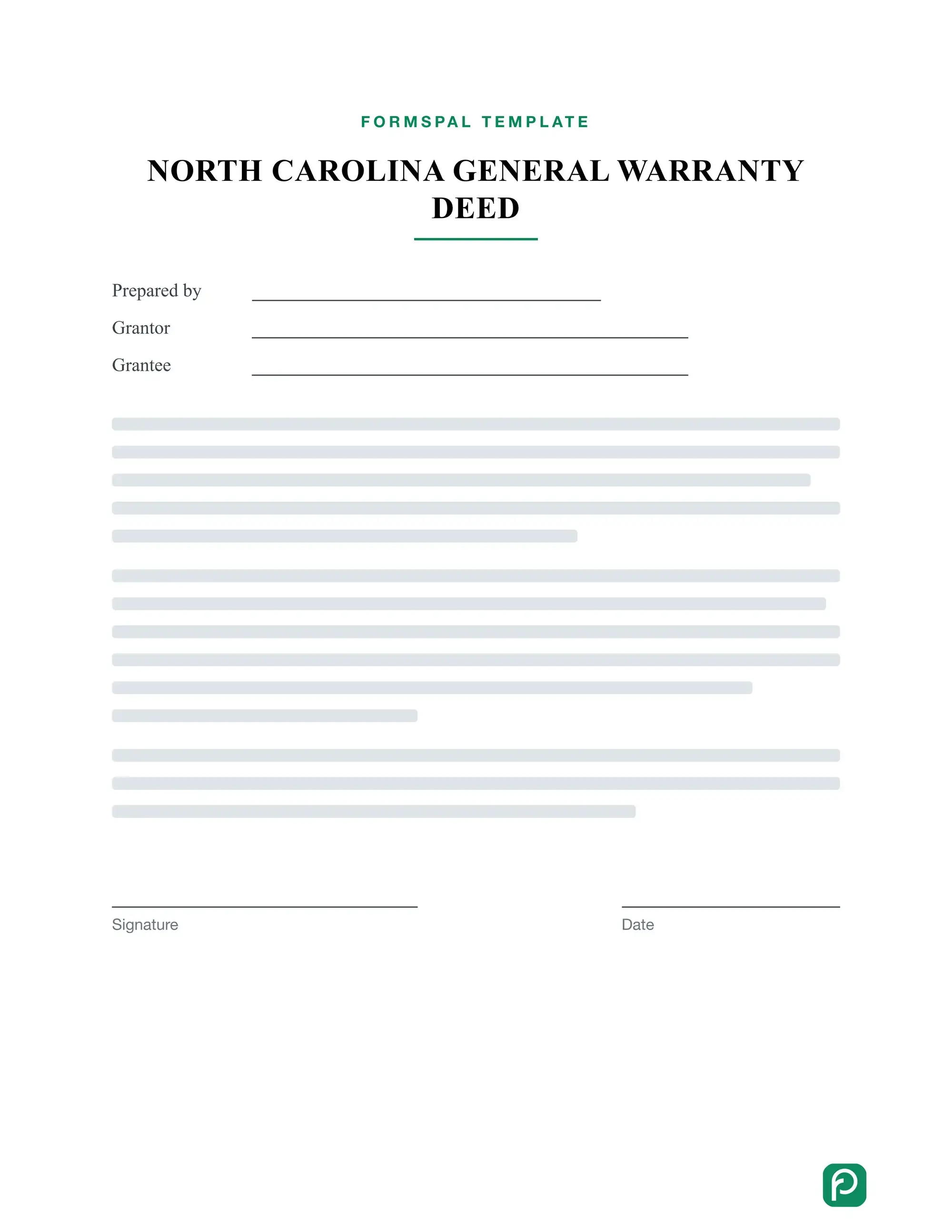 North Carolina General Warranty Deed template illustration