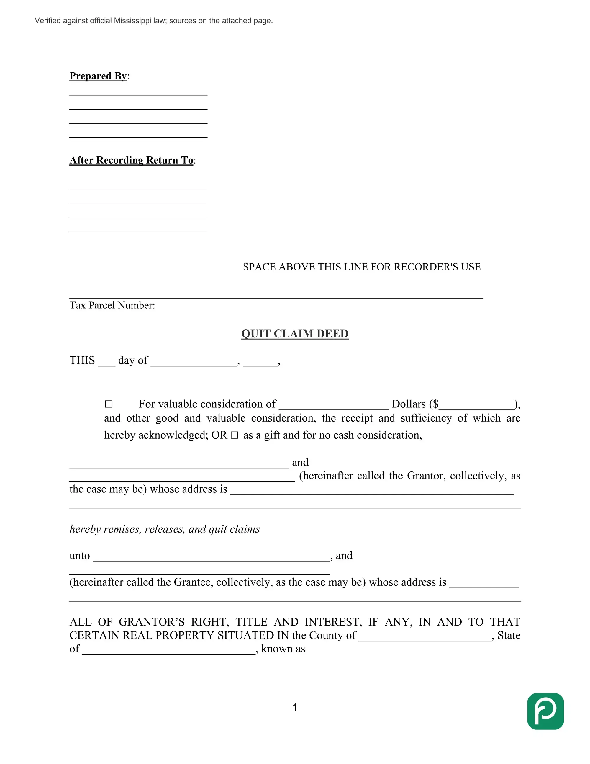 Mississippi quitclaim deed preview