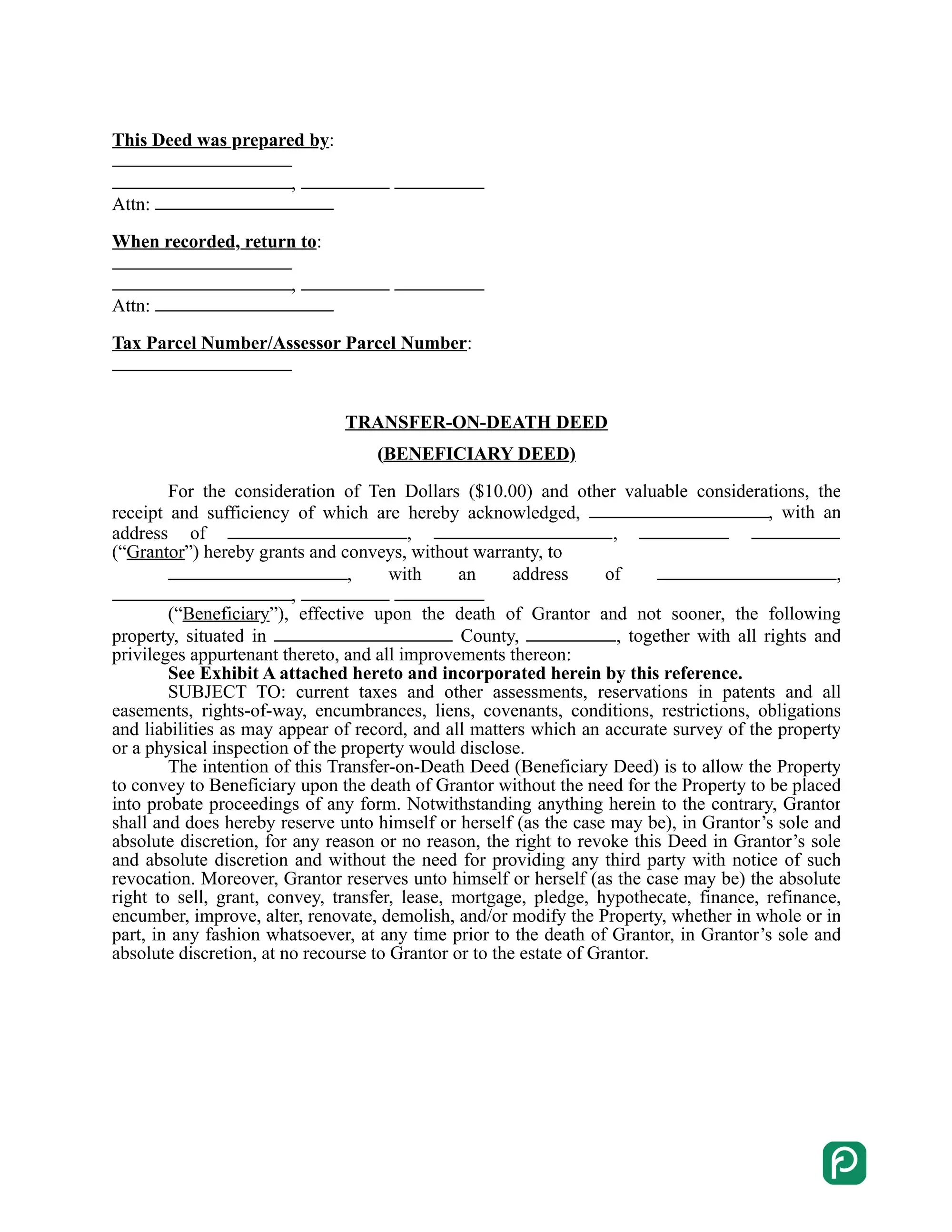 Indiana transfer-on-death deed form preview