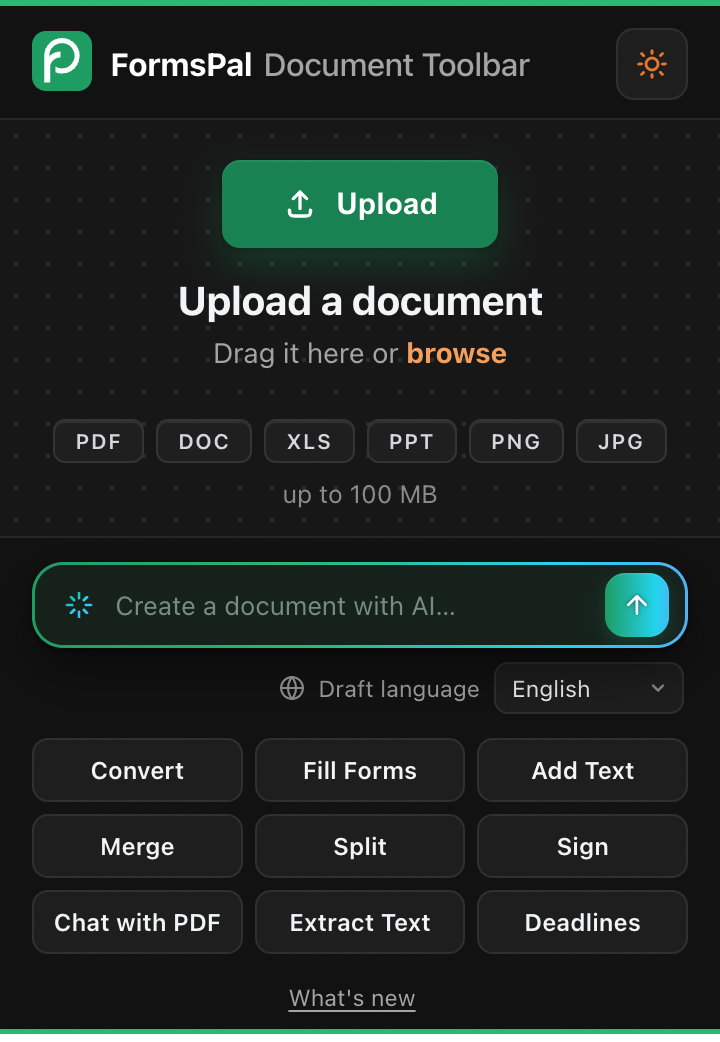 The FormsPal Document Toolbar popup, dark theme
