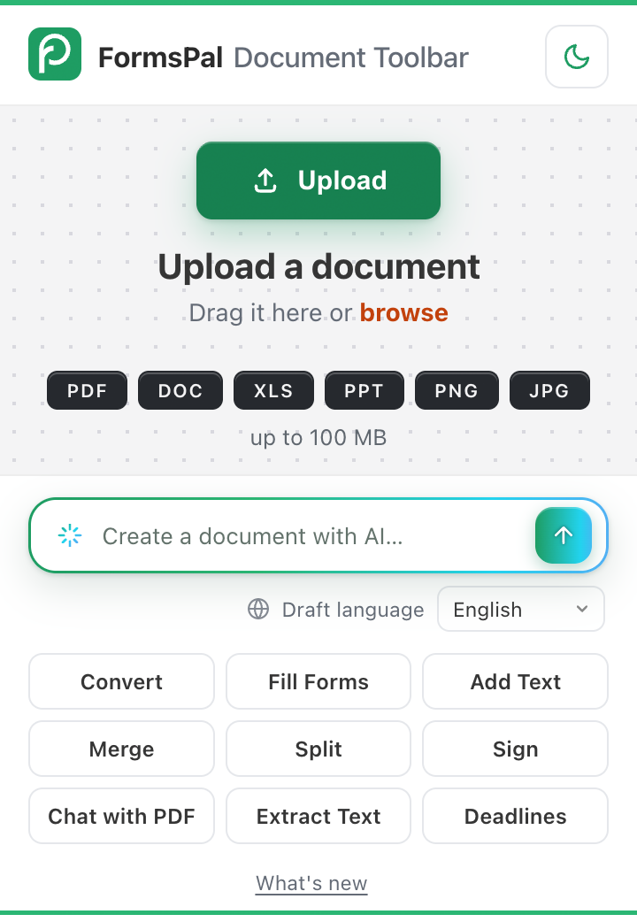 The FormsPal Document Toolbar popup, light theme
