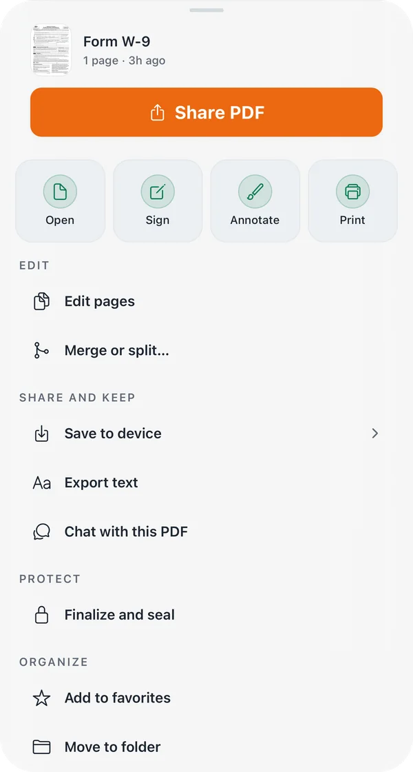 The actions for a scanned Form W-9: Share PDF, Open, Sign, Annotate, Print, Edit pages, Save to device, Export text, Chat with this PDF and Move to folder