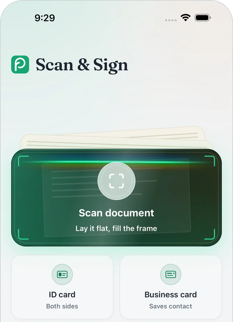 The Scan & Sign home screen: a Scan document viewfinder that says Lay it flat, fill the frame, above ID card (both sides) and Business card (saves contact)