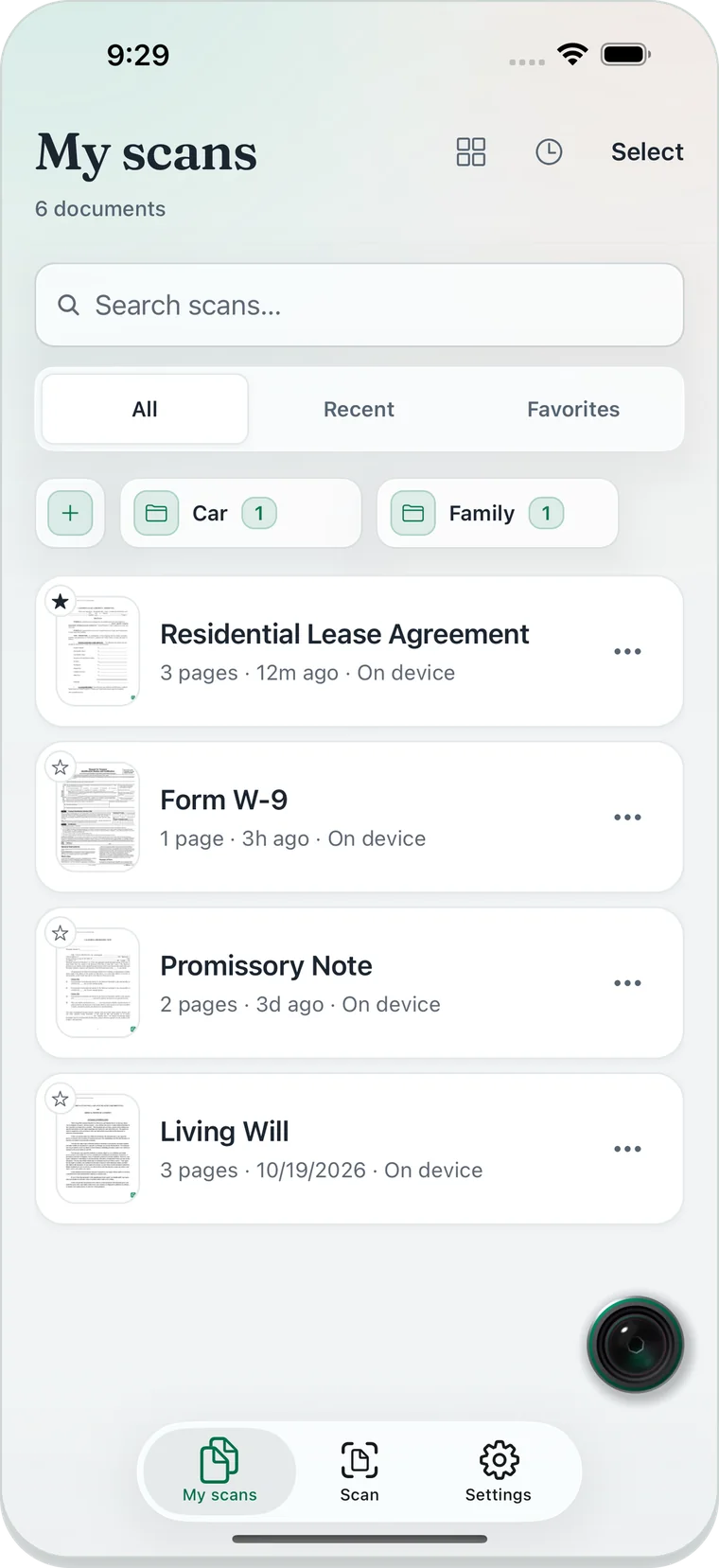 The My scans library with a residential lease, a Form W-9, a promissory note and a living will, plus search, folders and favorites