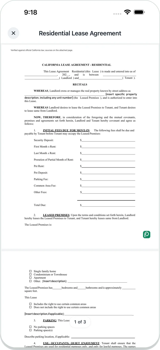 A three-page residential lease agreement after scanning, cropped and clean, open in the reader
