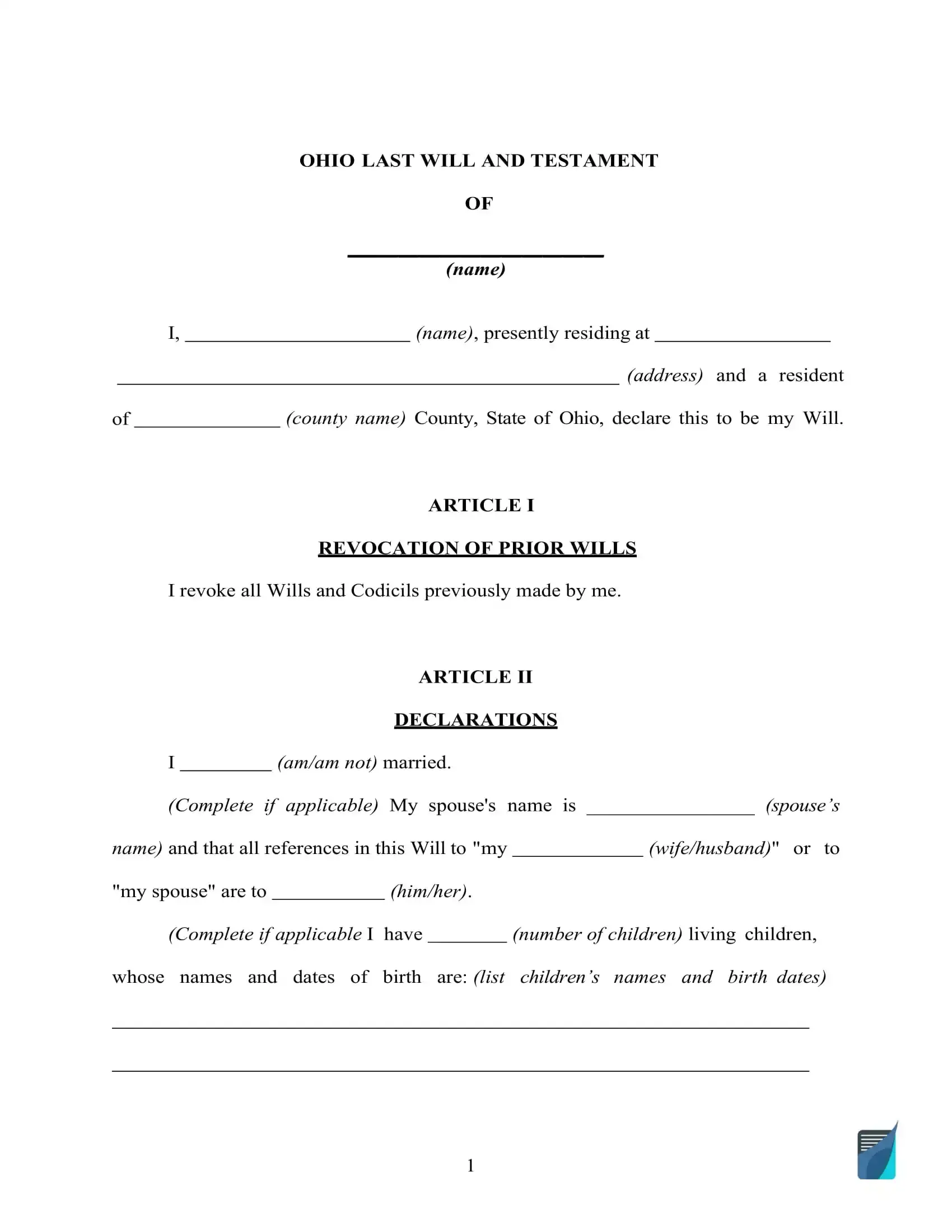 Fillable Ohio Last Will and Testament Form (Free) | FormsPal