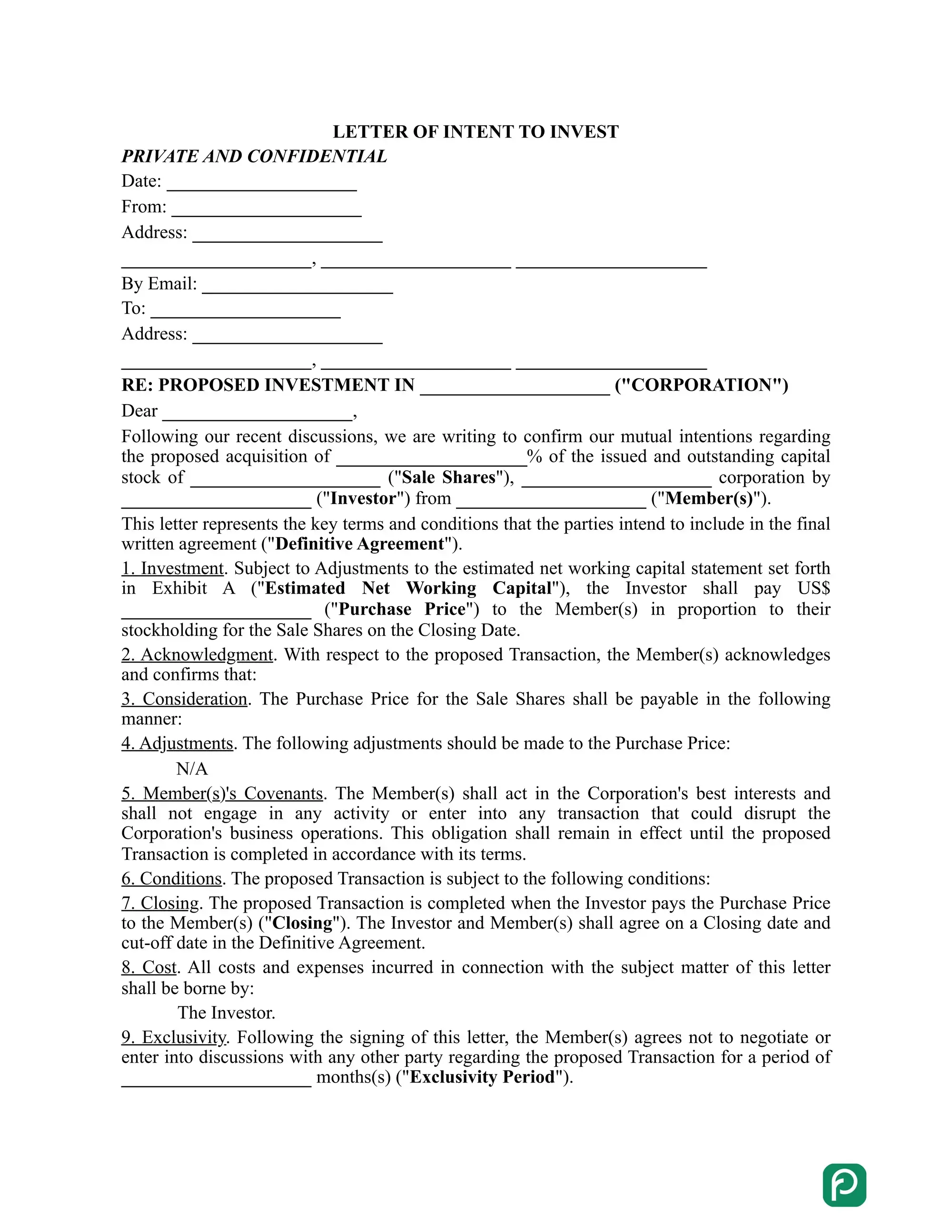 Investment letter of intent preview