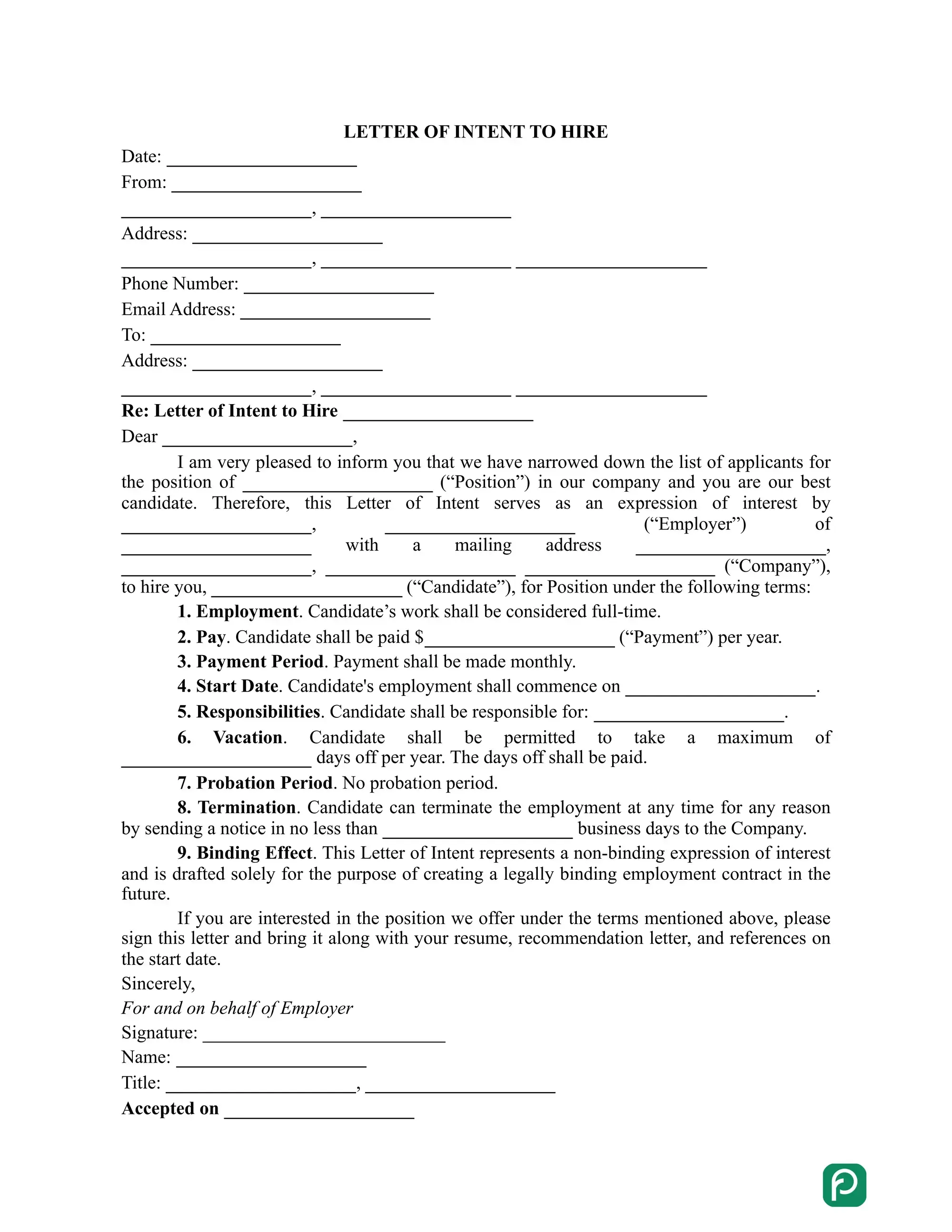 Letter of intent to hire preview