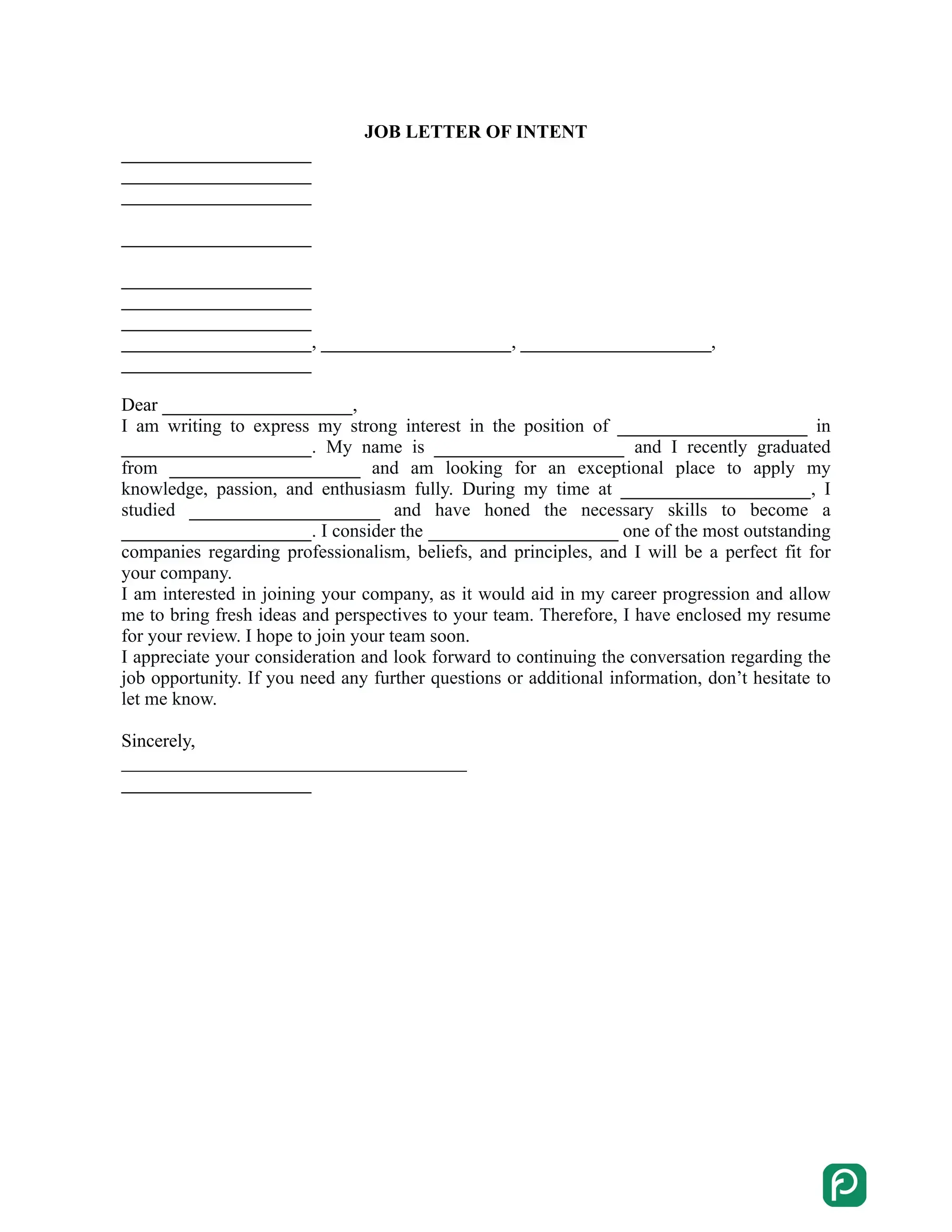 Job Letter of Intent preview