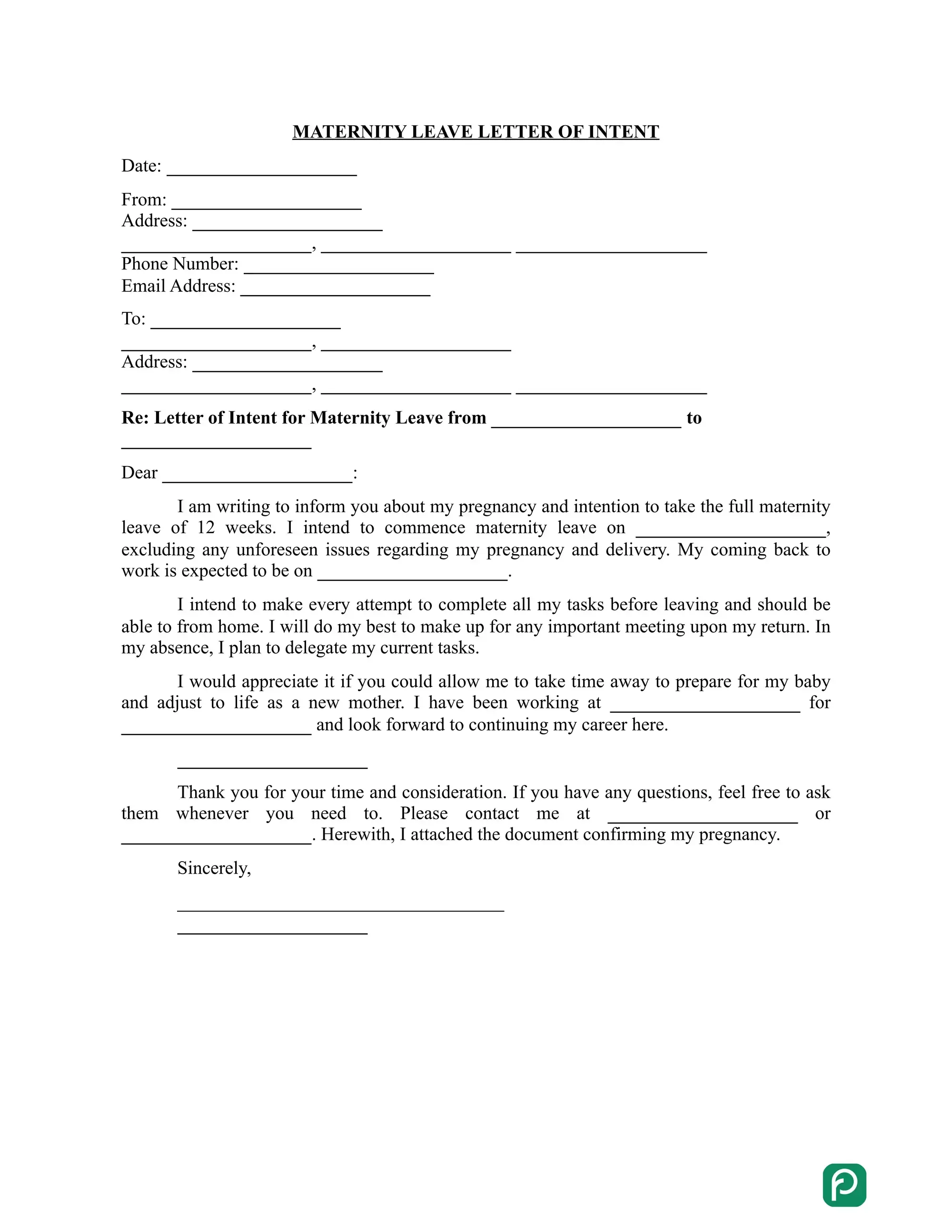 Maternity Leave Letter of Intent preview
