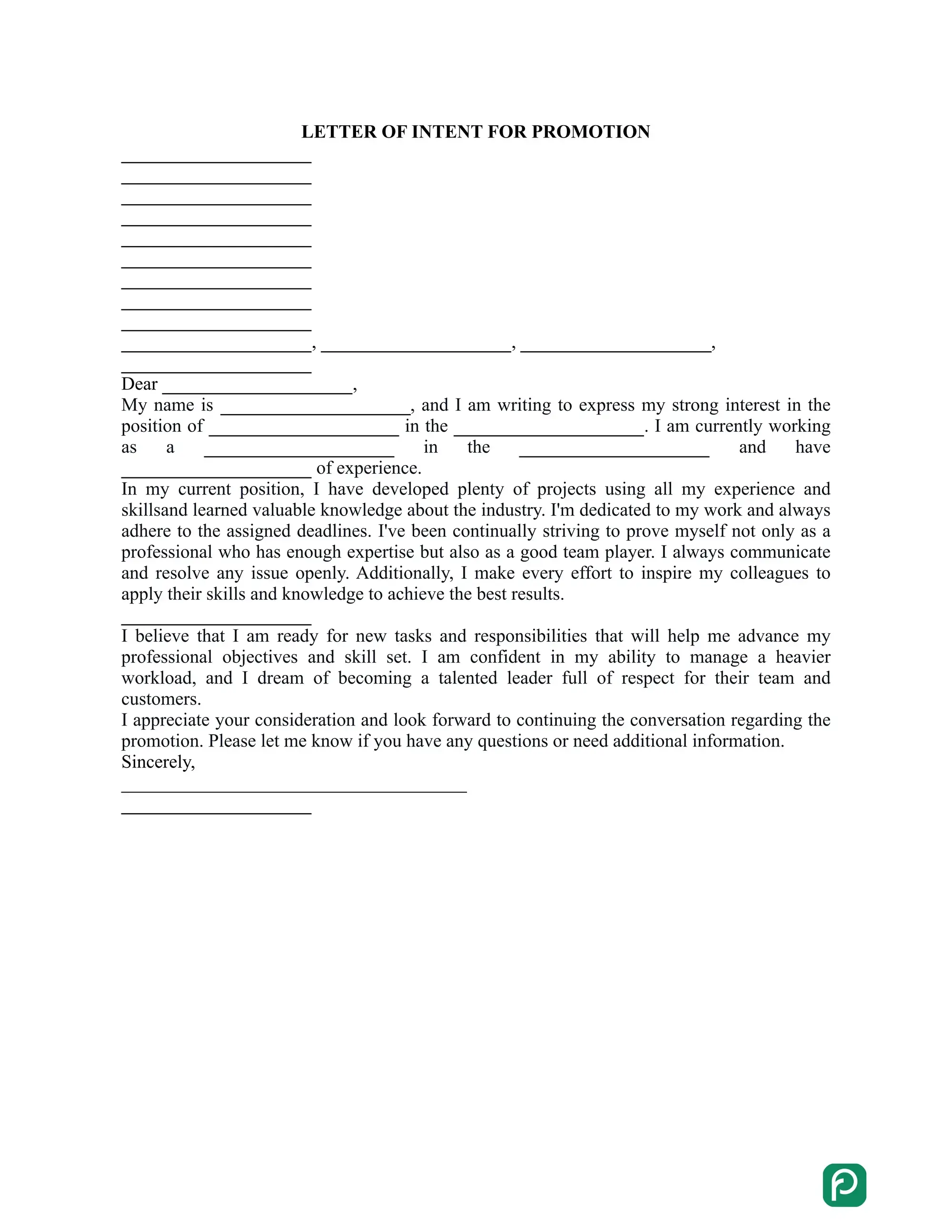 Letter of Intent for Promotion preview