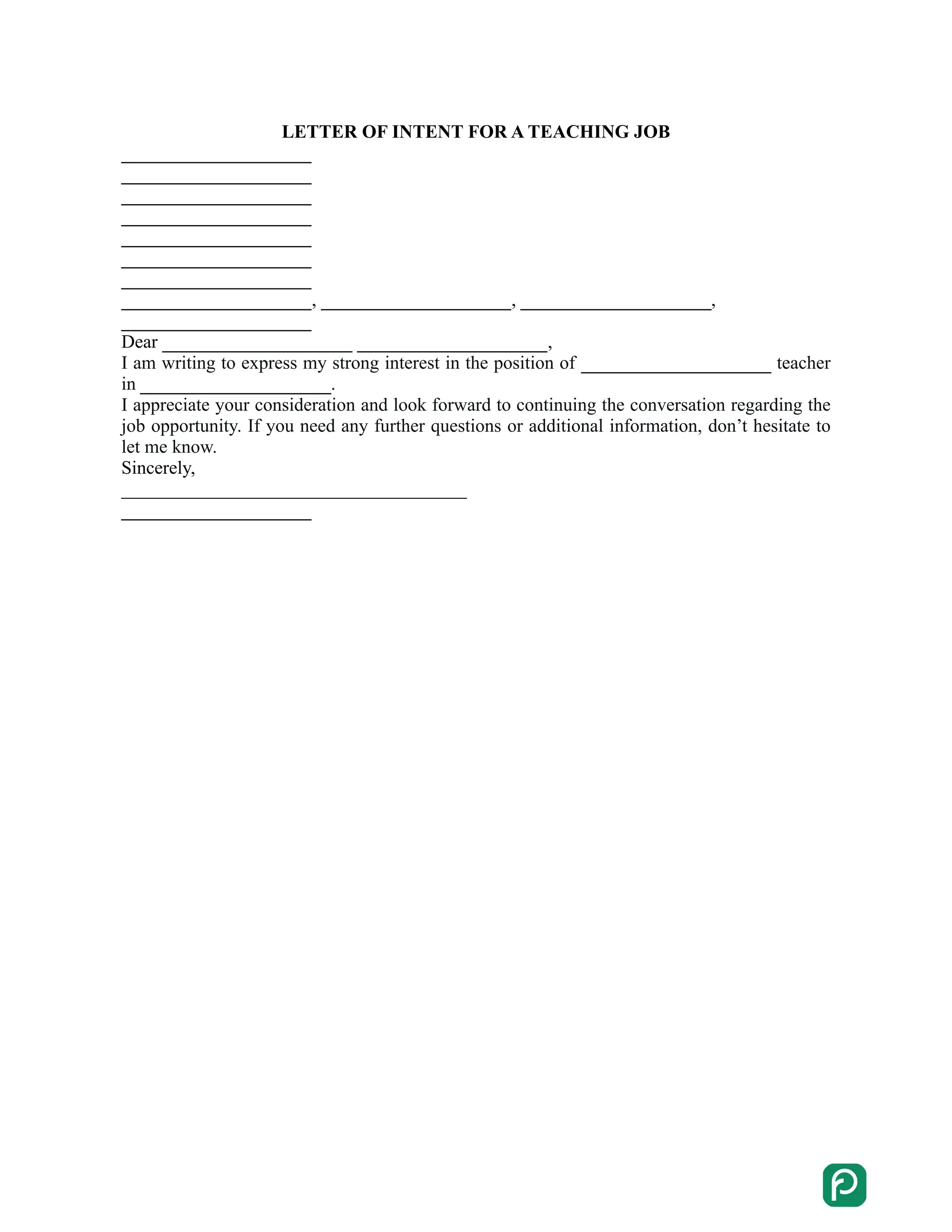 Letter of Intent for a Teaching Job preview