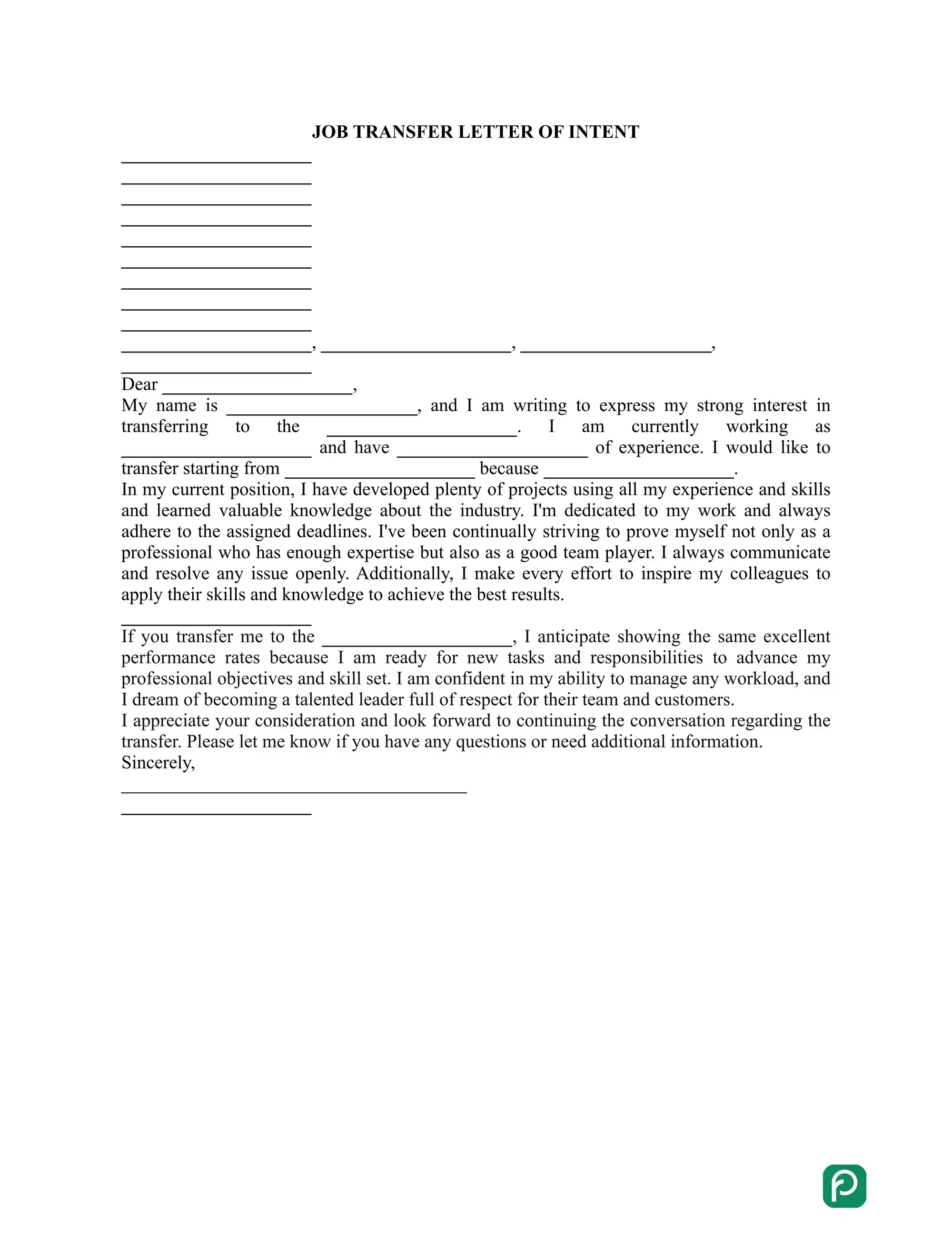 Job transfer letter of intent preview