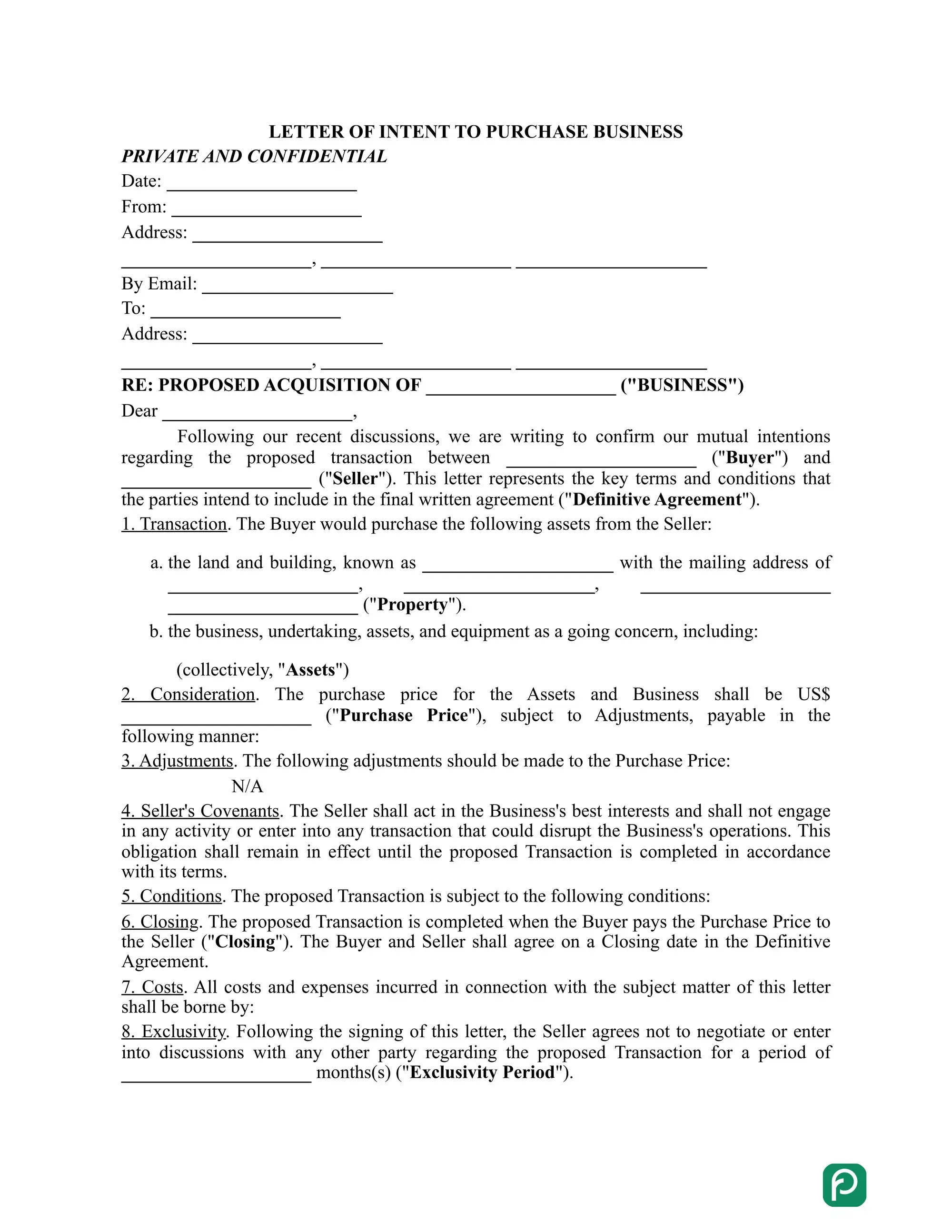 Letter of intent to purchase business preview