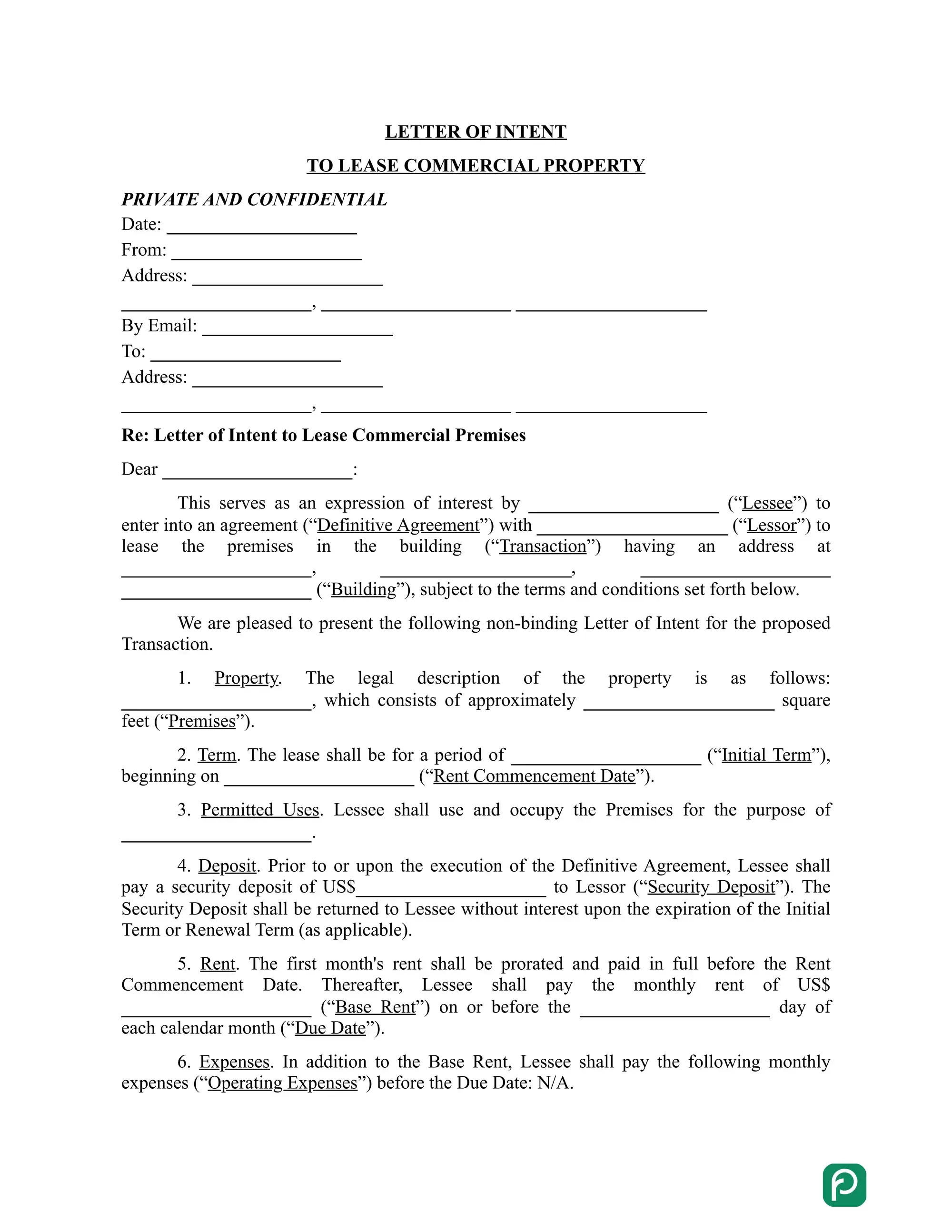 Letter of Intent to Lease Commercial Property preview