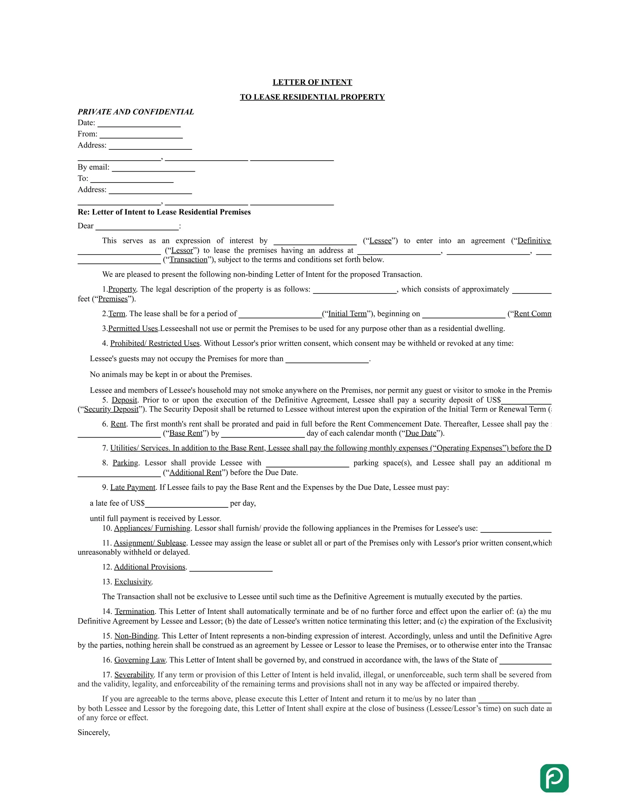 Letter of intent to rent preview