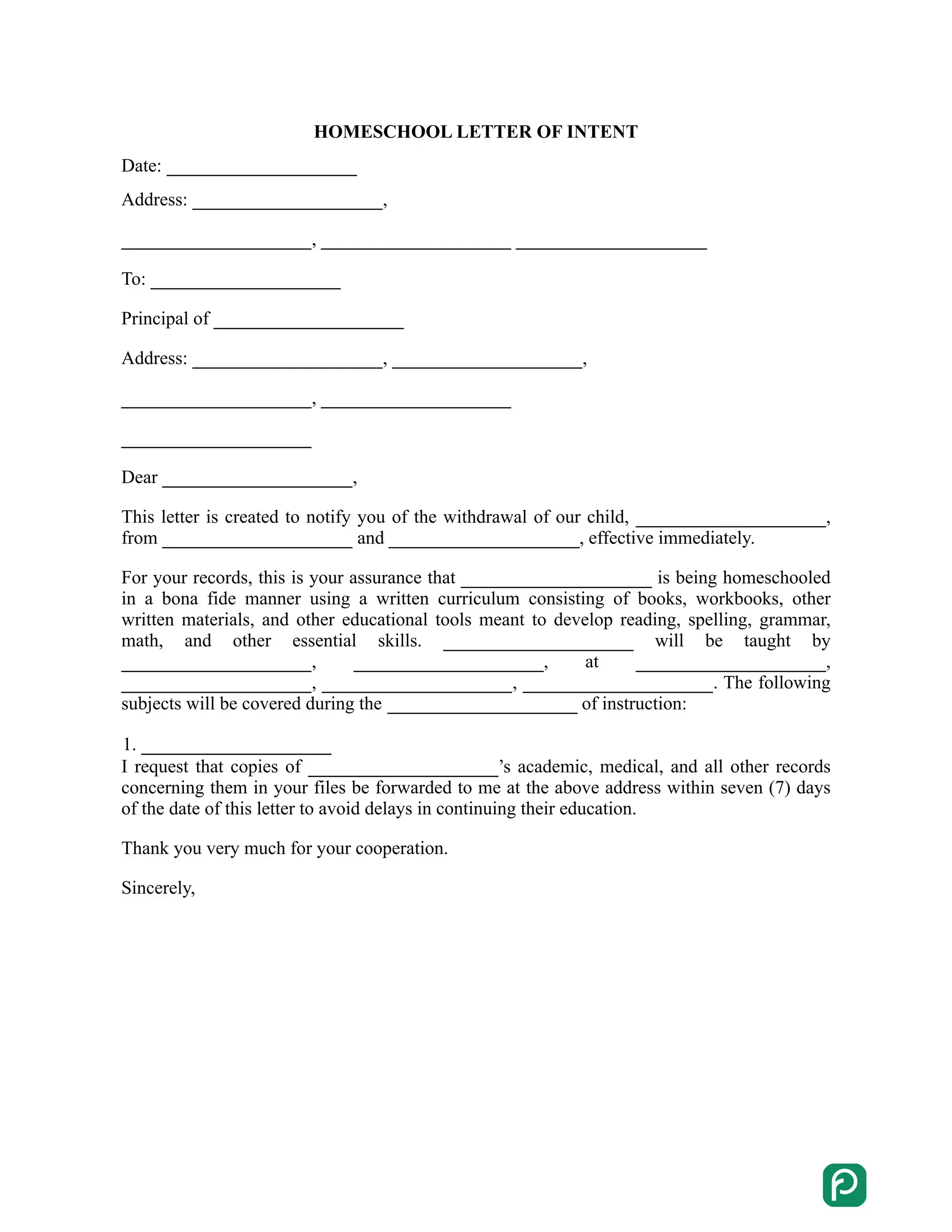 Homeschool Letter of Intent preview