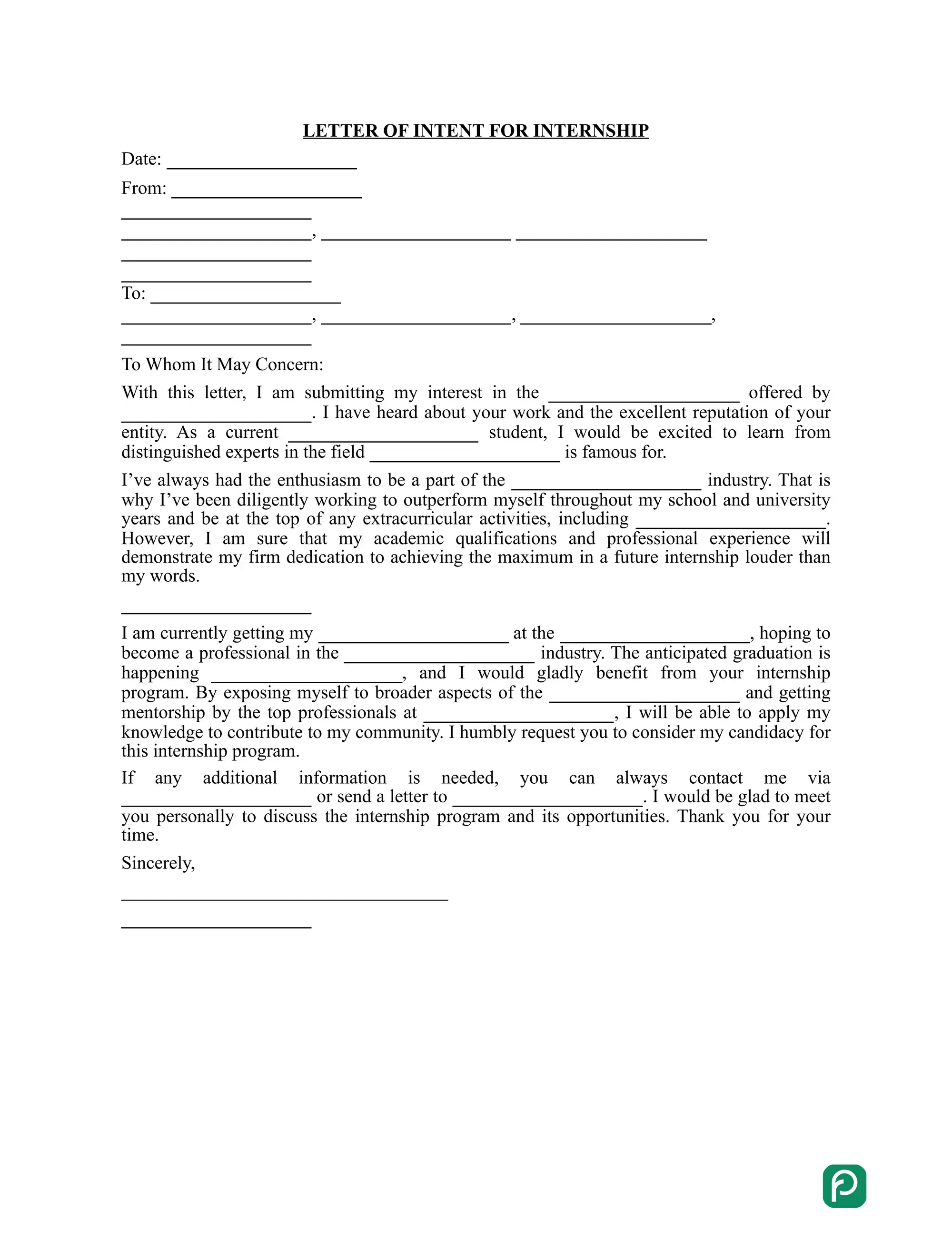 Letter of Intent for an Internship preview