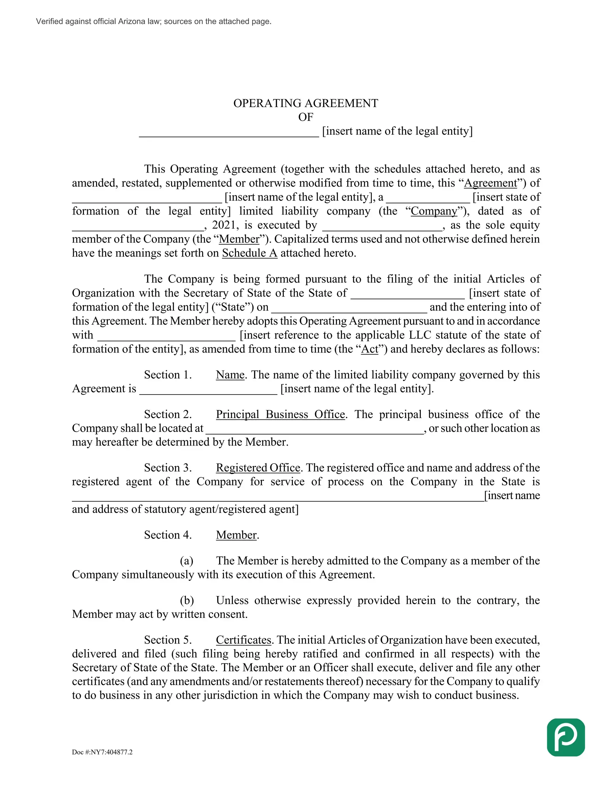 Arizona LLC operating agreement preview