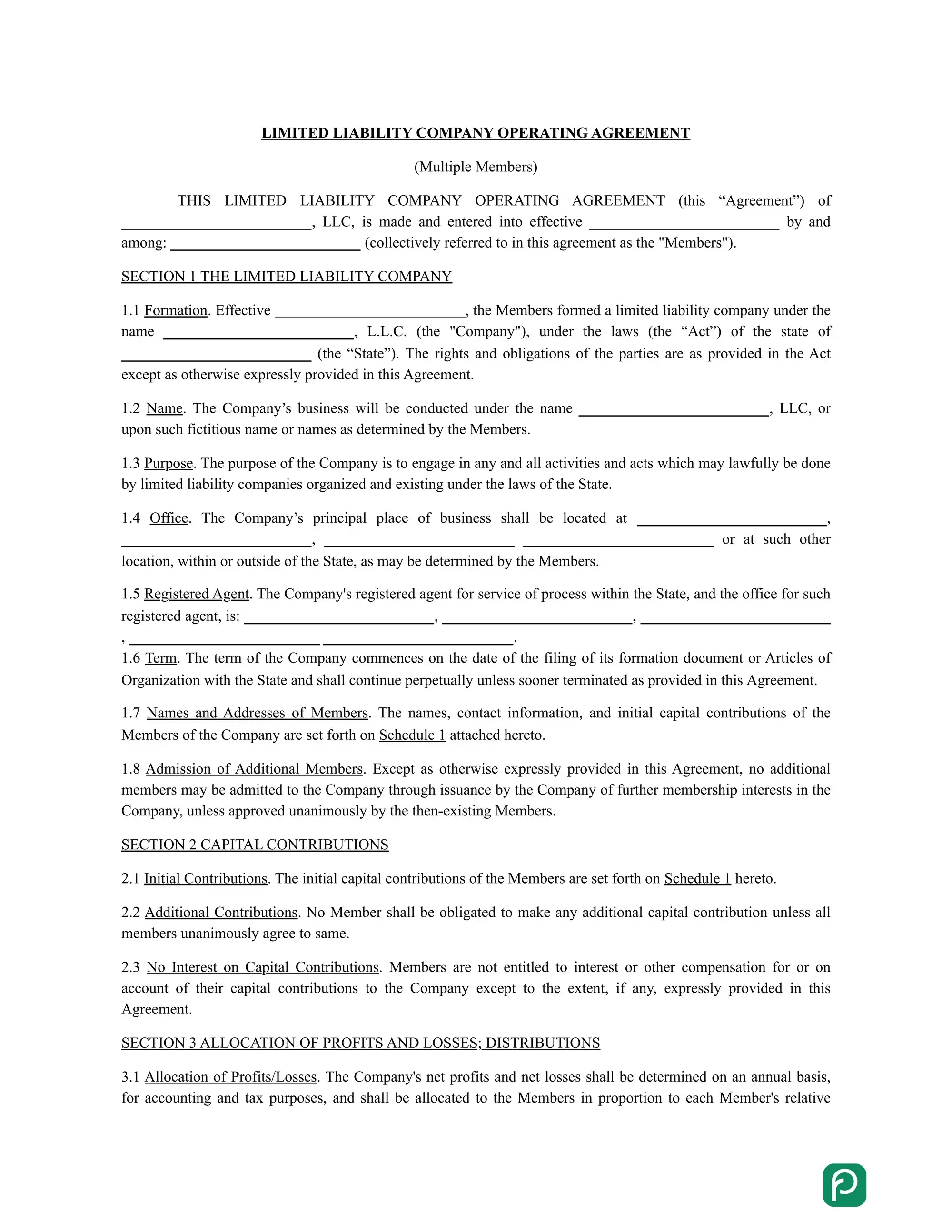 Multi-member LLC operating agreement preview