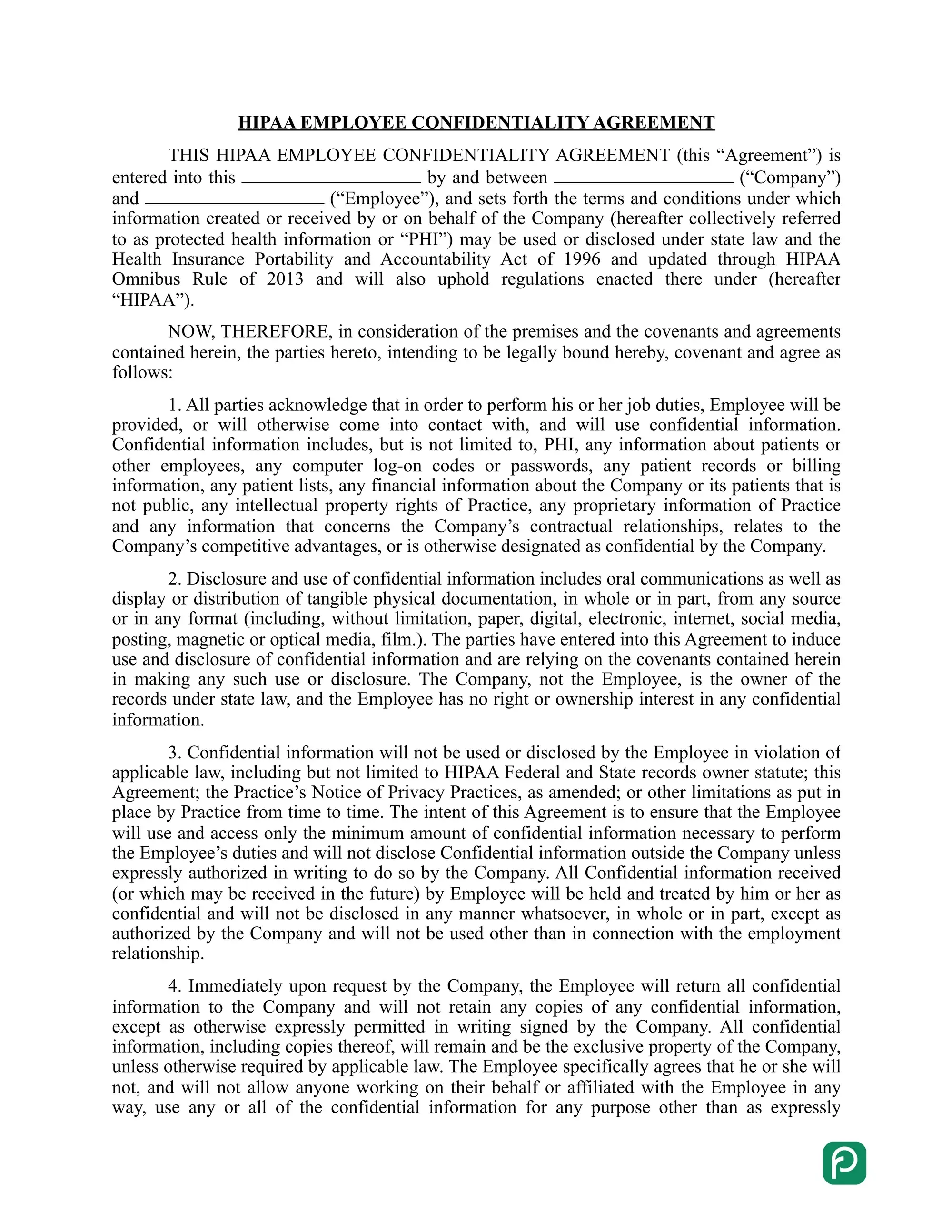 HIPAA employee confidentiality agreement
