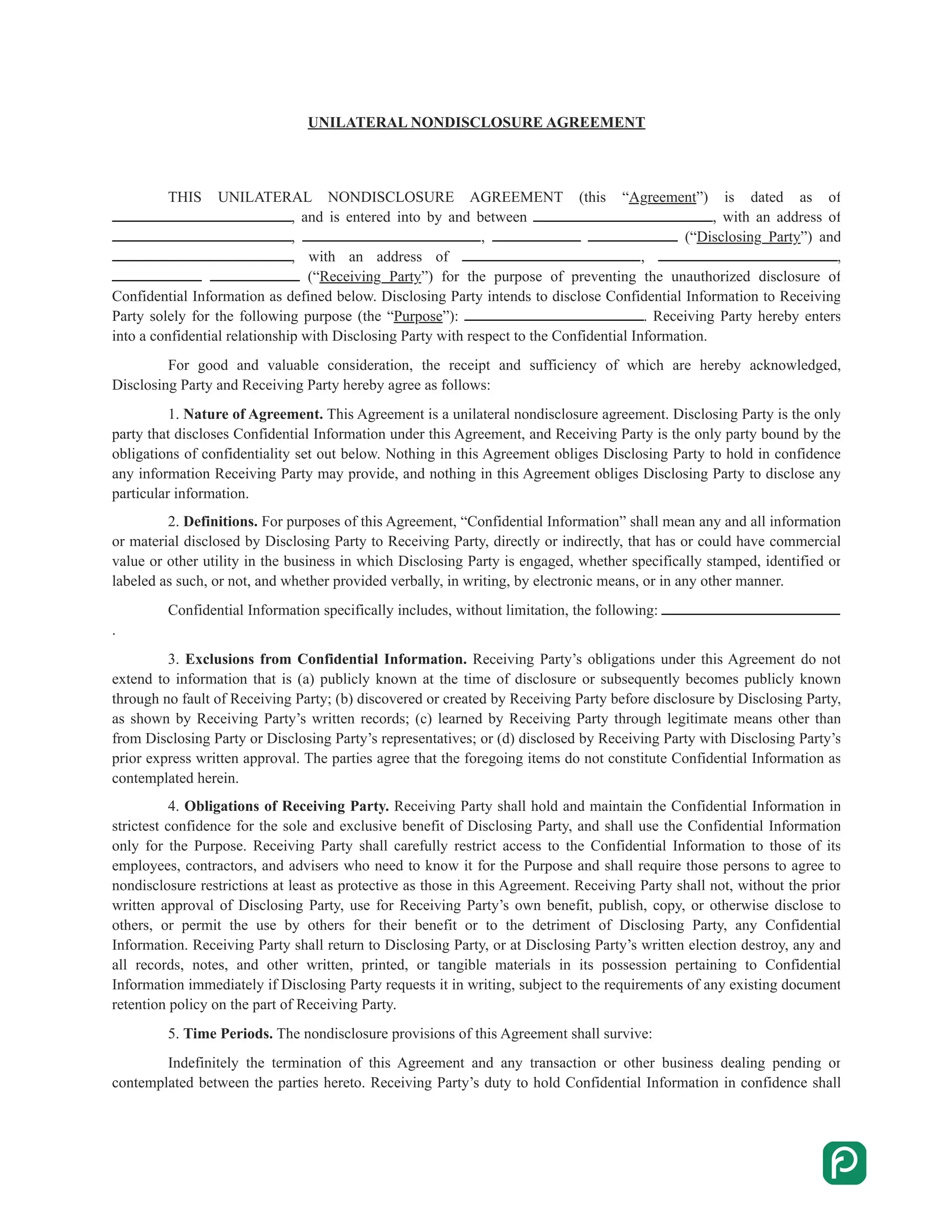 Unilateral non-disclosure agreement preview