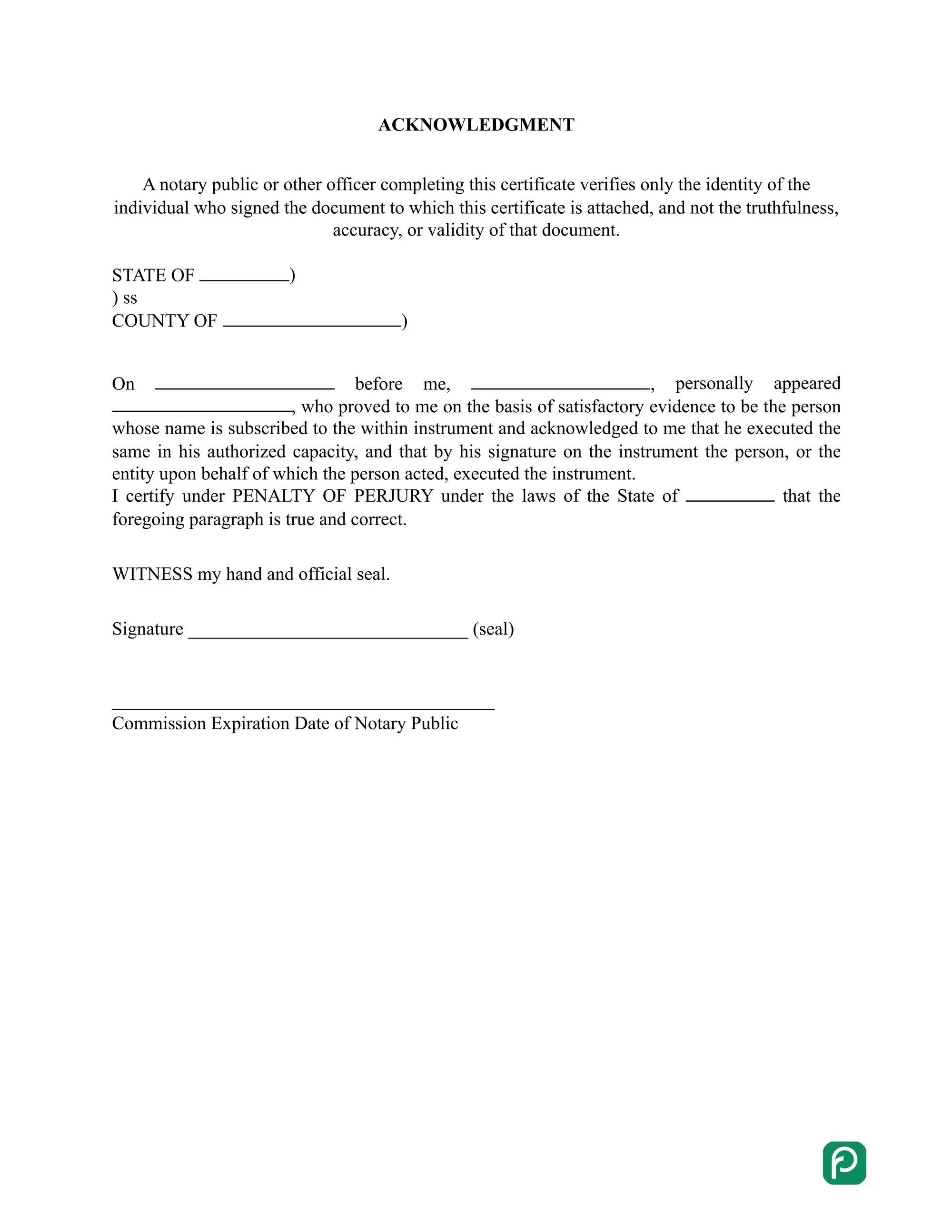 California notary acknowledgement form preview